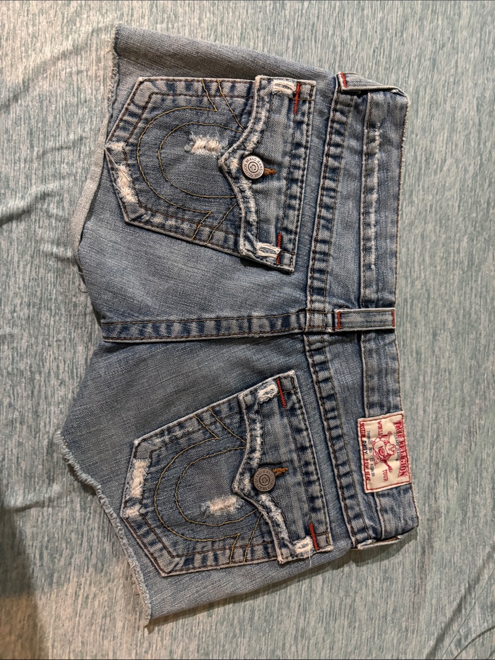 True Religion Distressed Light Blue Denim Jean Shorts - Picture 2 of 4